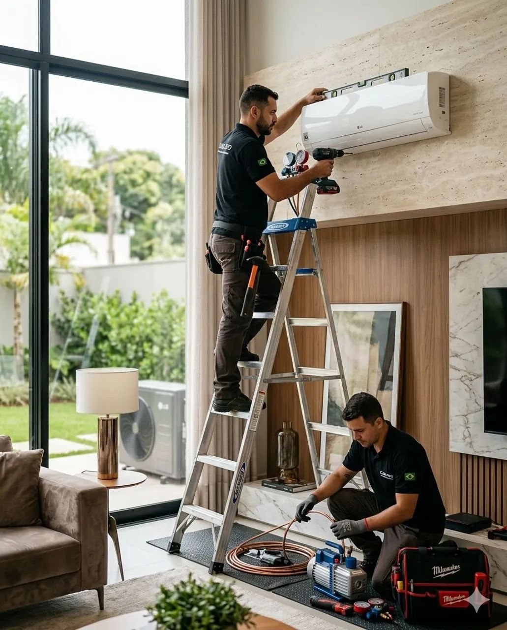 Técnicos realizando instalação profissional de ar-condicionado em ambiente residencial